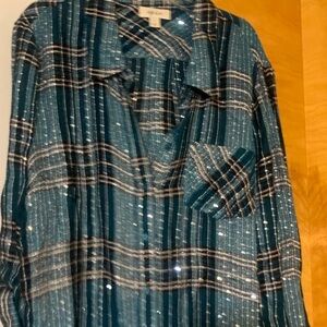 Cato Teal and Black Plaid Blouse